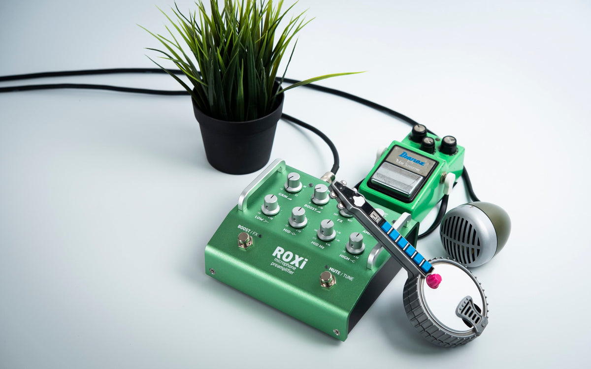 A styled tabletop: the green ROXi instrument preamp pedal with a small tuner pedal beside it, a chrome ribbon microphone lying across the surface, a cable arcing overhead, and a potted grass plant behind. Soft daylight on a pale surface. Styled rathe