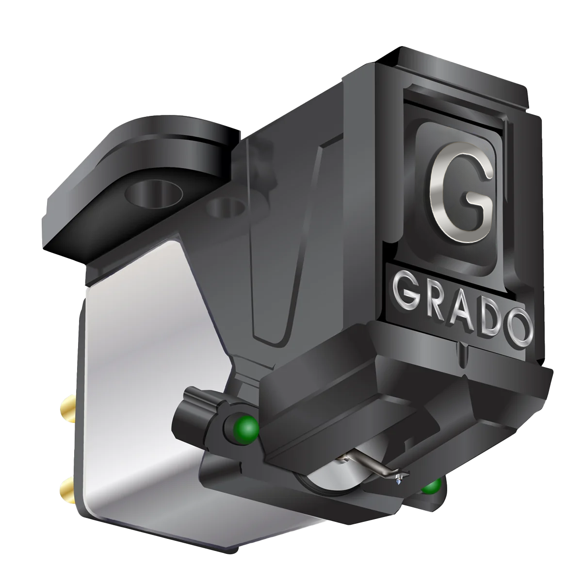 Grado Green4, illustration of the black Prestige body with a silver side plate and green dots on the stylus