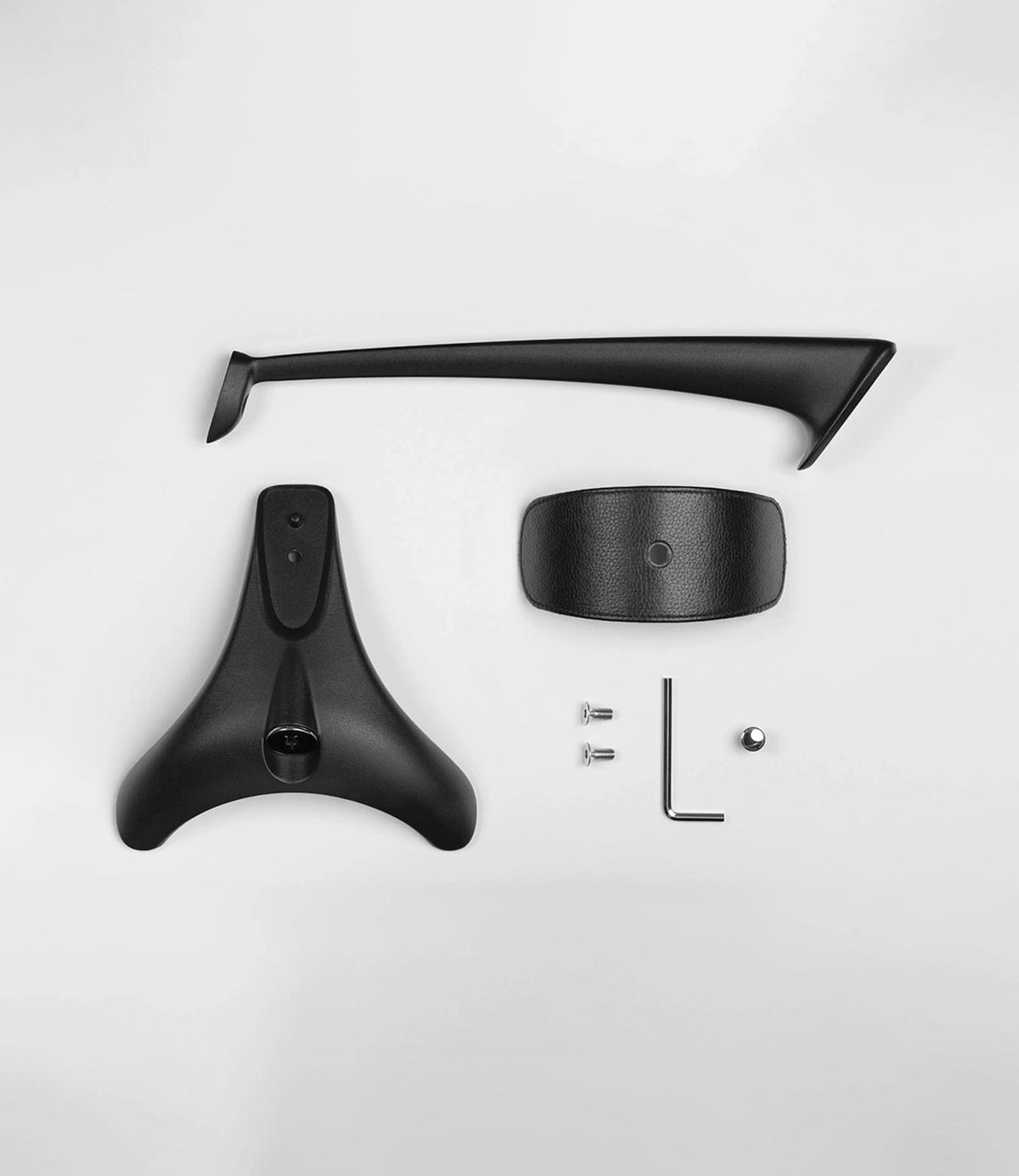 Meze Audio Manta Headphone Stand, the parts before assembly: base, column, padded top and fixings