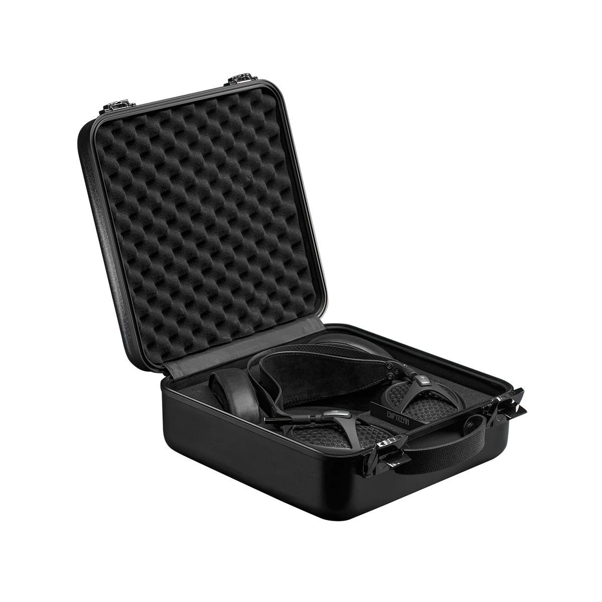 Meze Audio Elite and Empyrean Suitcase, open, with a headphone in its foam lining