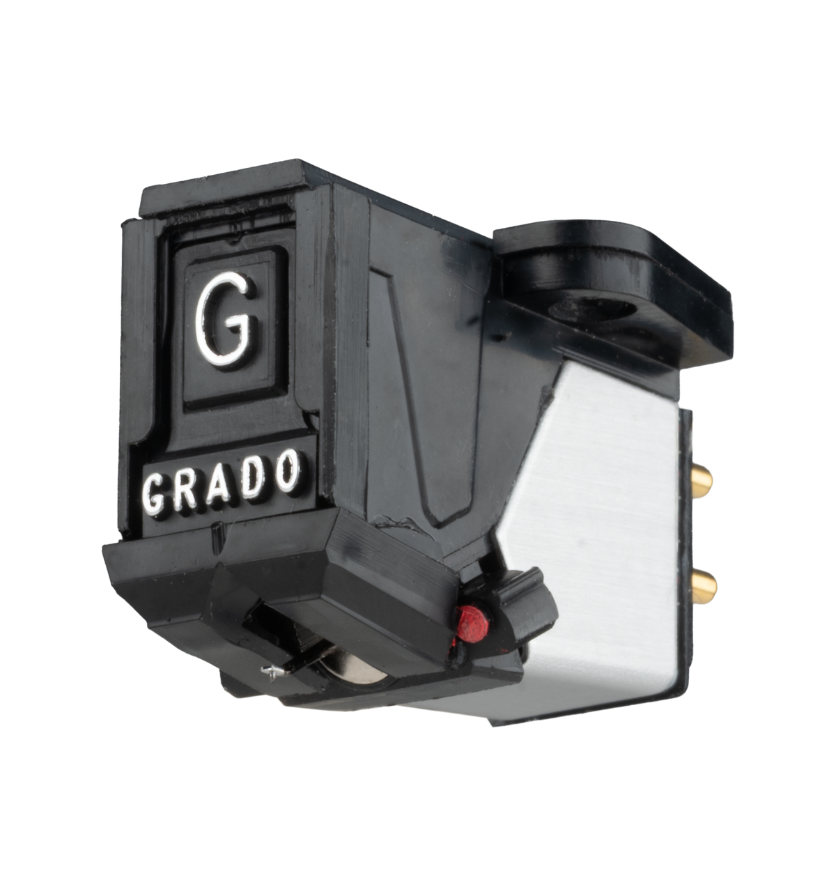 Grado Red4, photo of the black body with silver lettering, a brushed side plate, gold pins and a red stylus dot