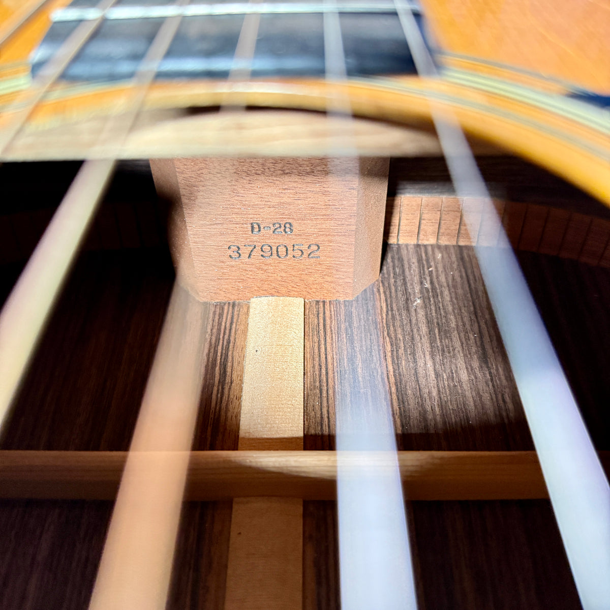 Used 1976 Martin D-28, the model and serial stamp seen through the soundhole