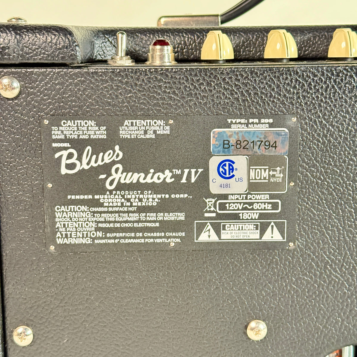 Used Fender Blues Junior IV, close up of the rear panel label