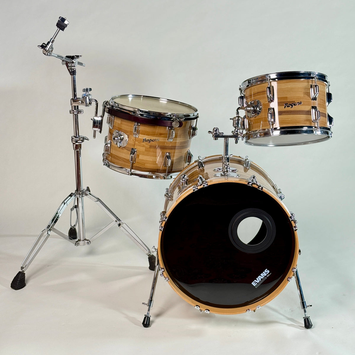 Used Rogers three-piece drum kit in natural, the full kit set up, from the front