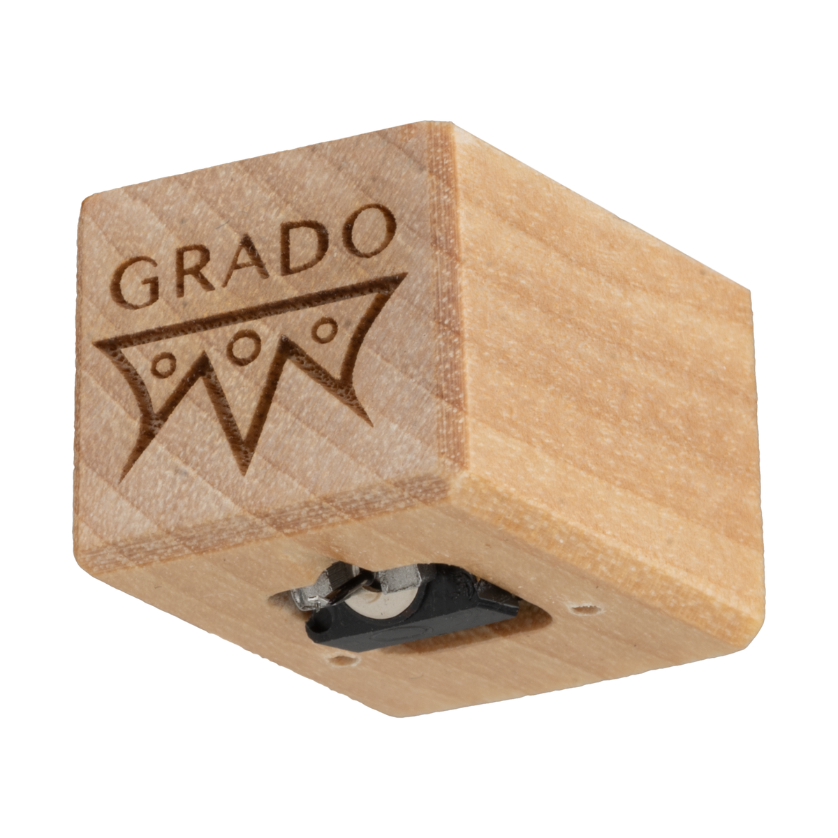 Grado Opus4, pale maple wood body with the GRADO logo engraved on the front, seen from below