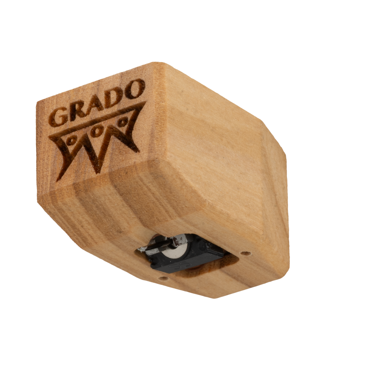 Grado Sonata4, light olive wood body with the GRADO logo engraved and chamfered corners, seen from below