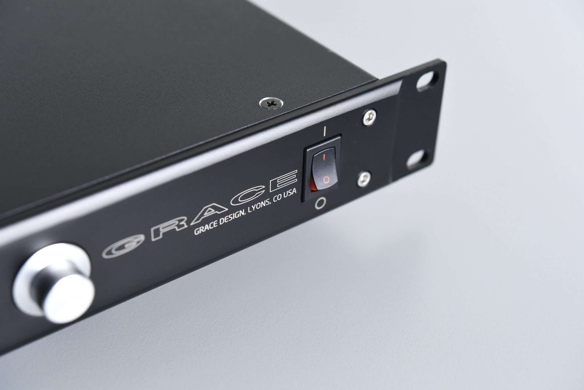 Grace Design m108, close up of the rack ear and power switch