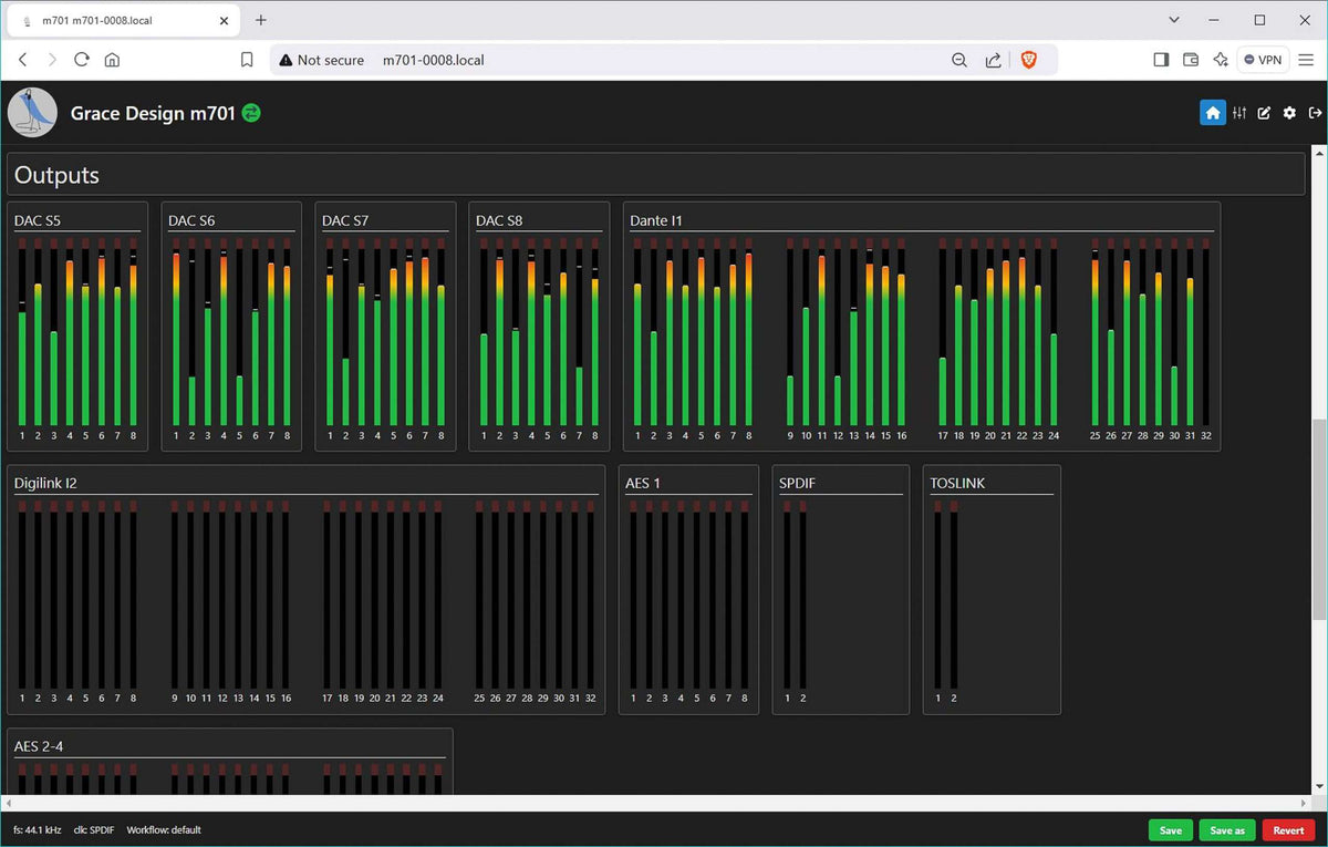 Grace Design m701 browser control page, showing the output meters