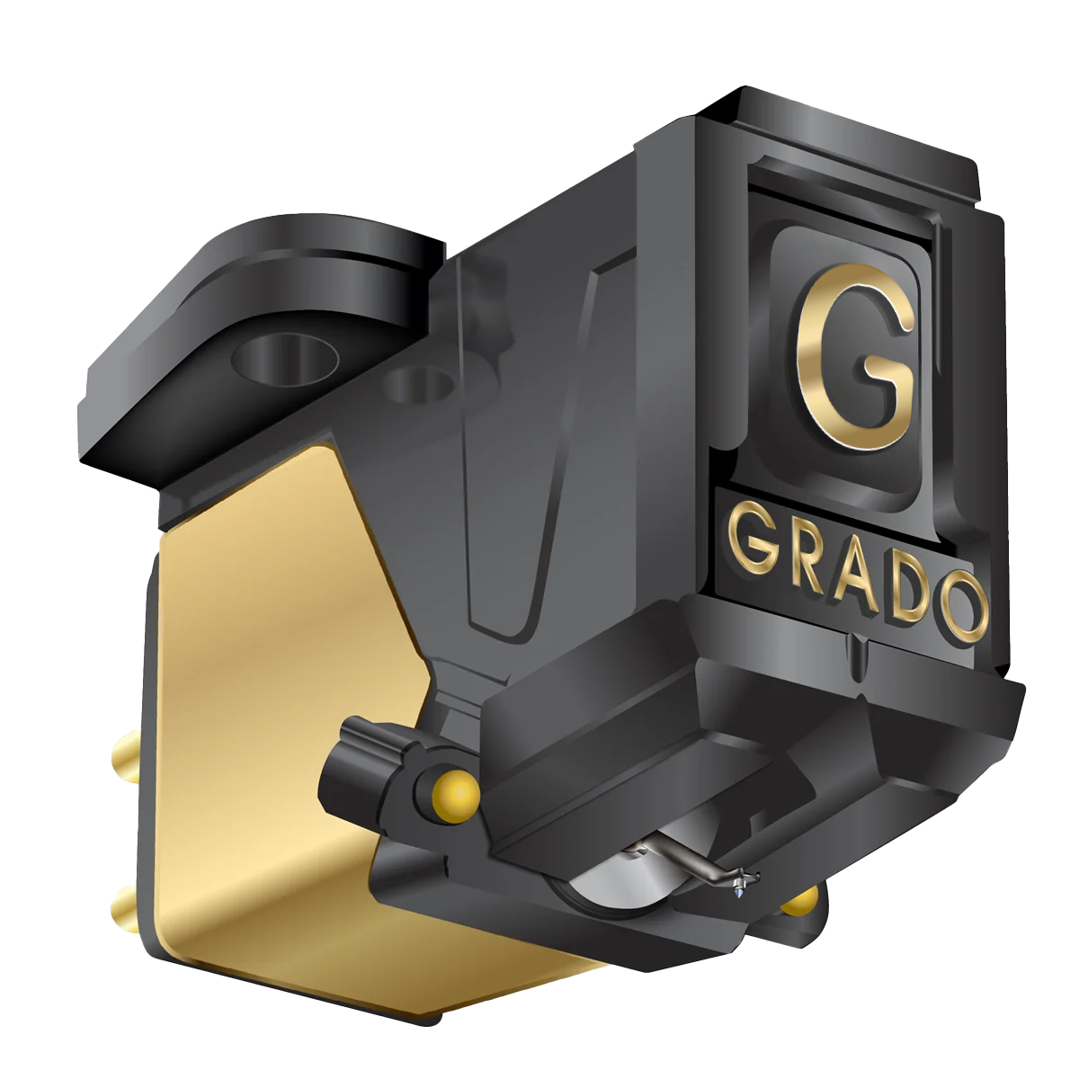 Grado Gold4, illustration of the black Prestige body with gold lettering, a gold side plate and gold stylus dots