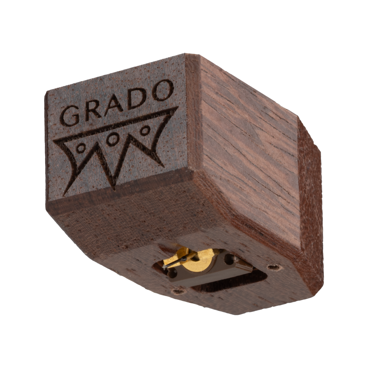 Grado Aeon4, dark brown ebony body with the GRADO logo engraved and a brown and gold stylus insert, from below