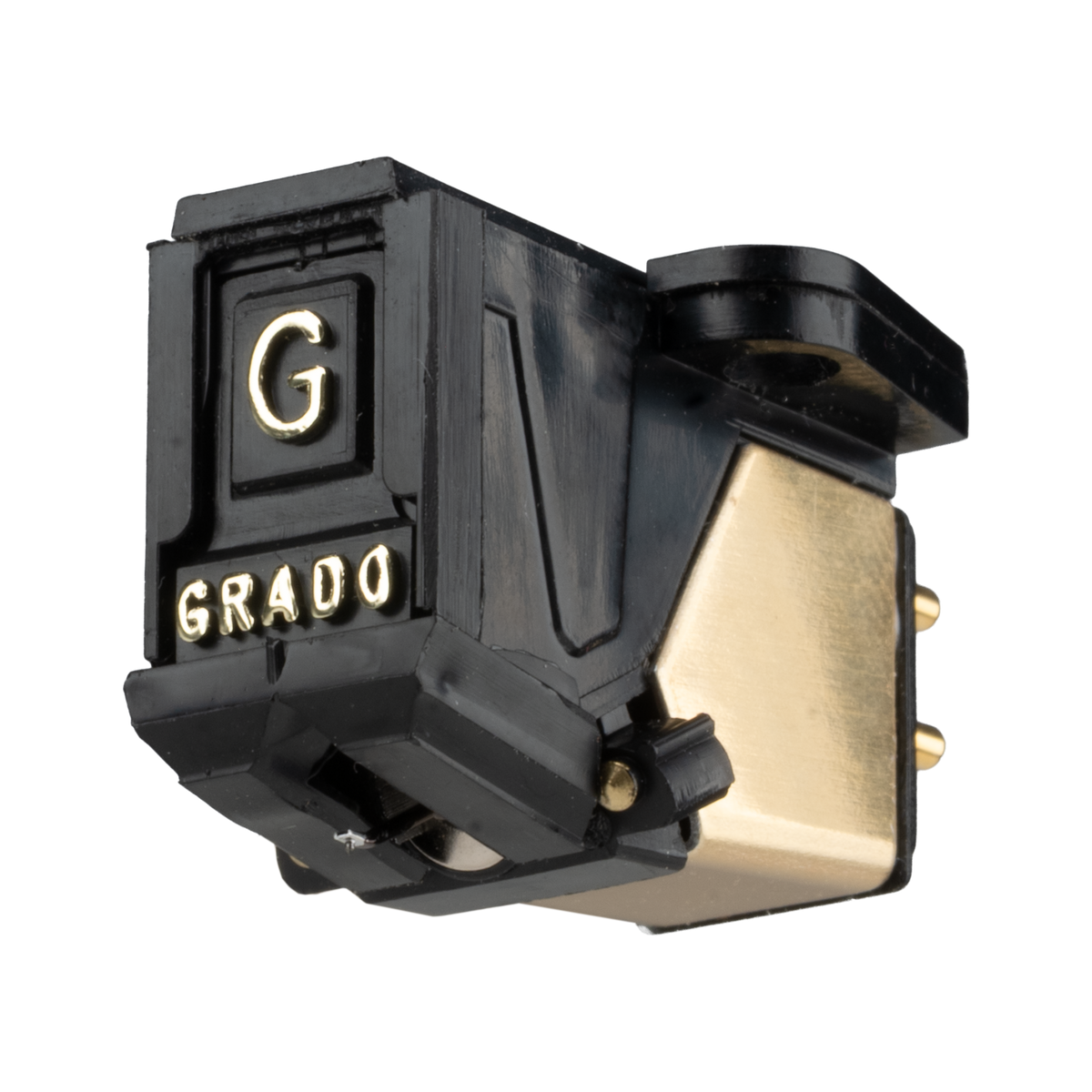 Grado Gold4, photo of the black body with gold lettering, a gold side plate and gold pins