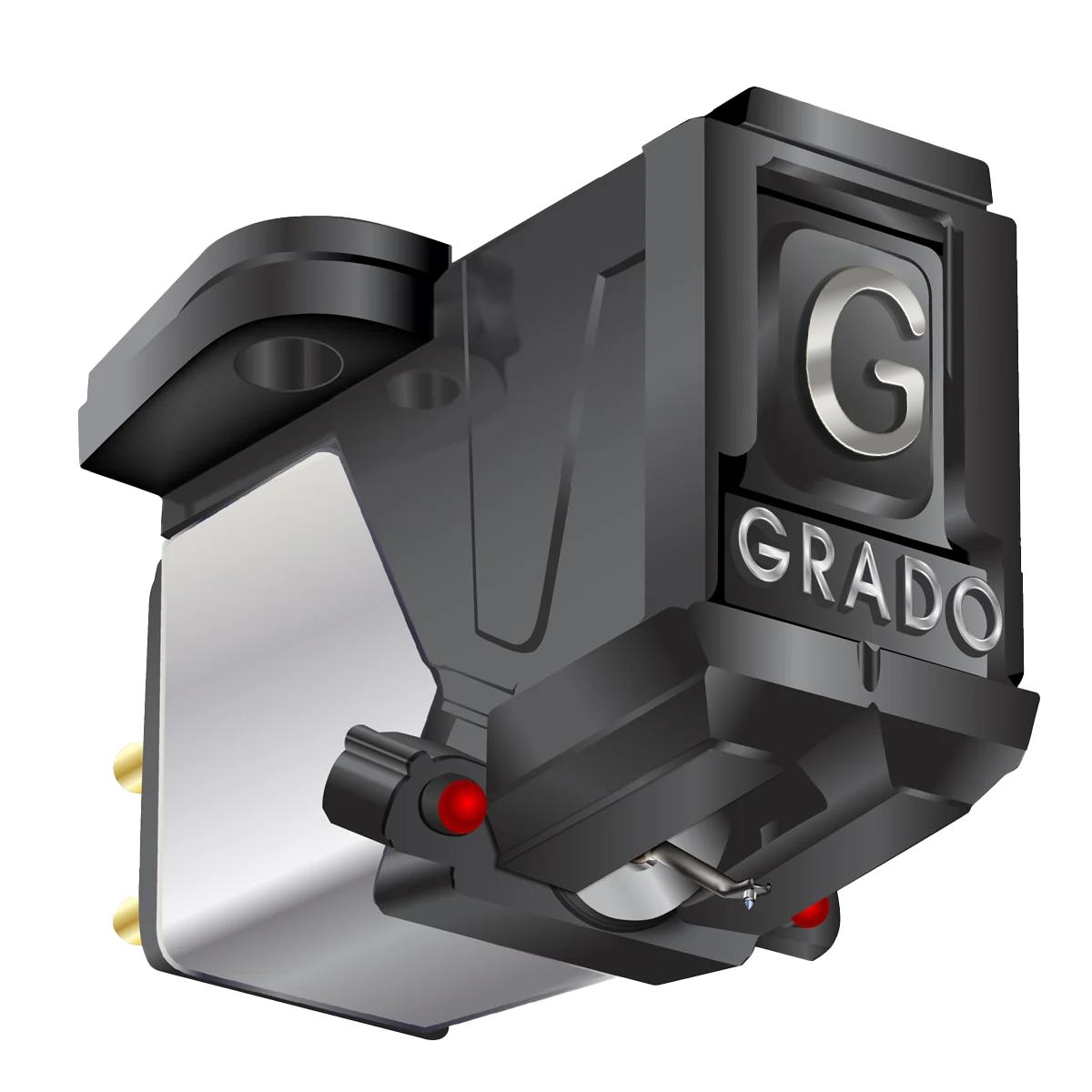 Grado Red4, illustration of the black Prestige body with a silver side plate and red dots on the stylus