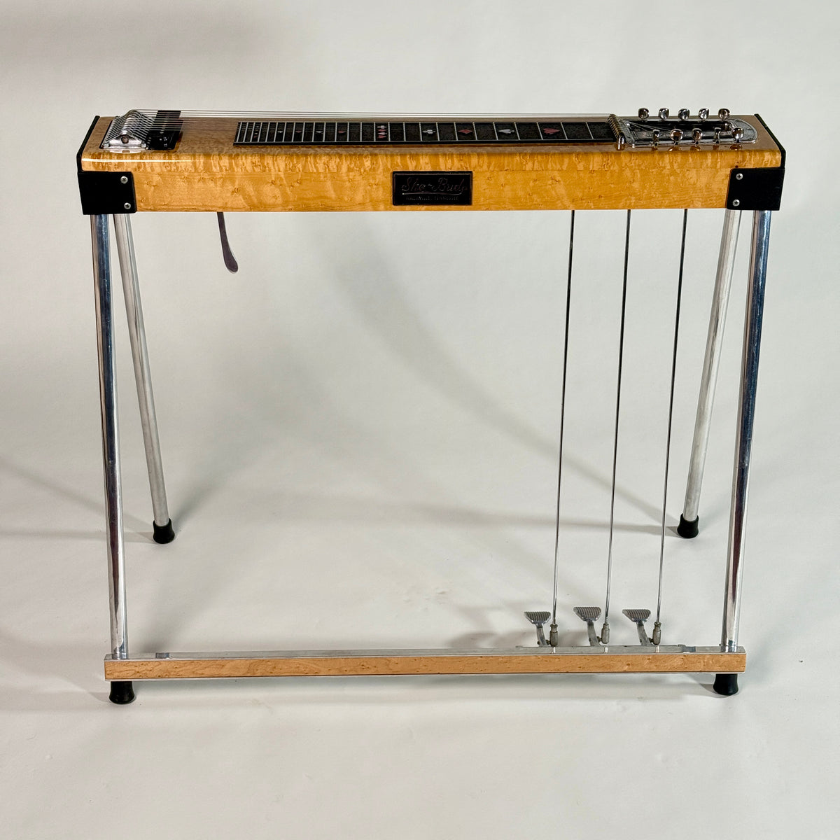 Used Sho-Bud Maverick pedal steel, full length on its legs, from the front