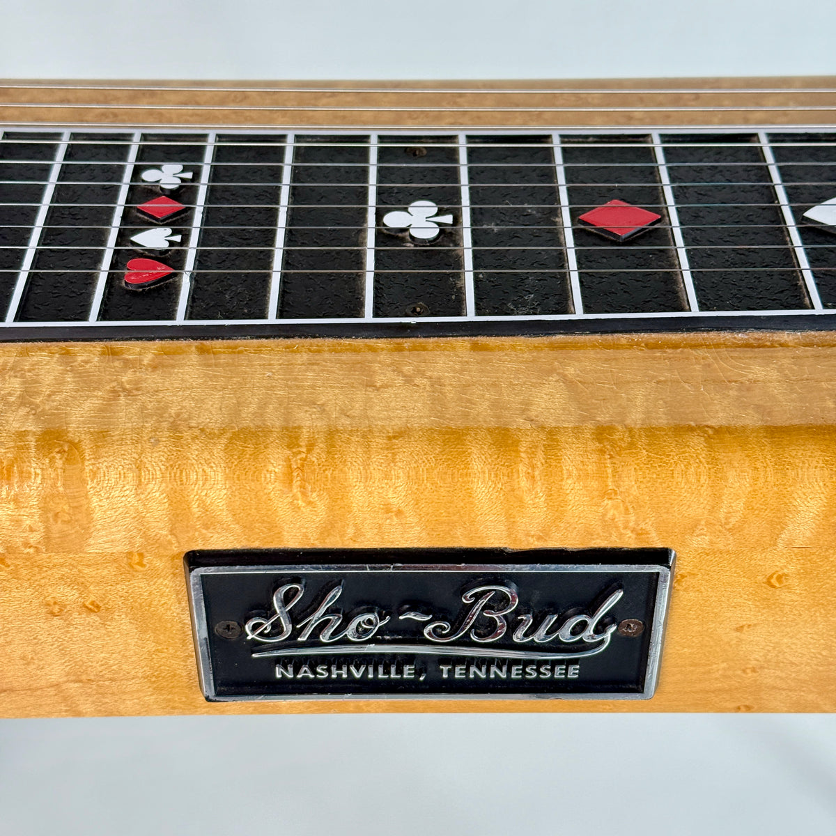 Used Sho-Bud Maverick pedal steel, close up of the name plate and fretboard markers