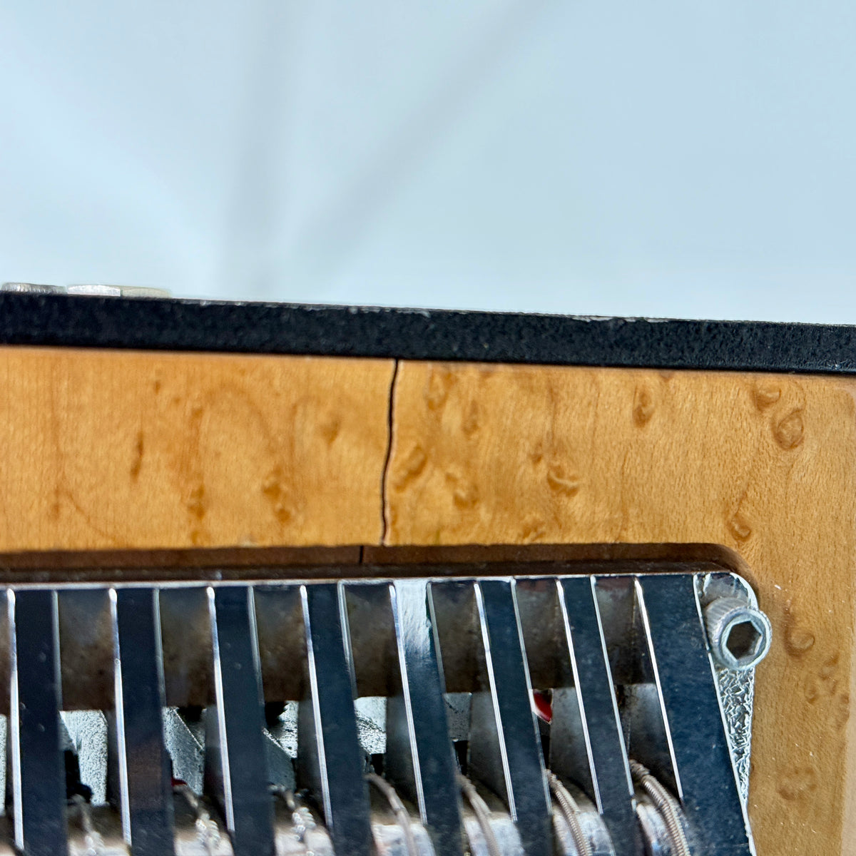 Used Sho-Bud Maverick pedal steel, close up of the finish near the changer
