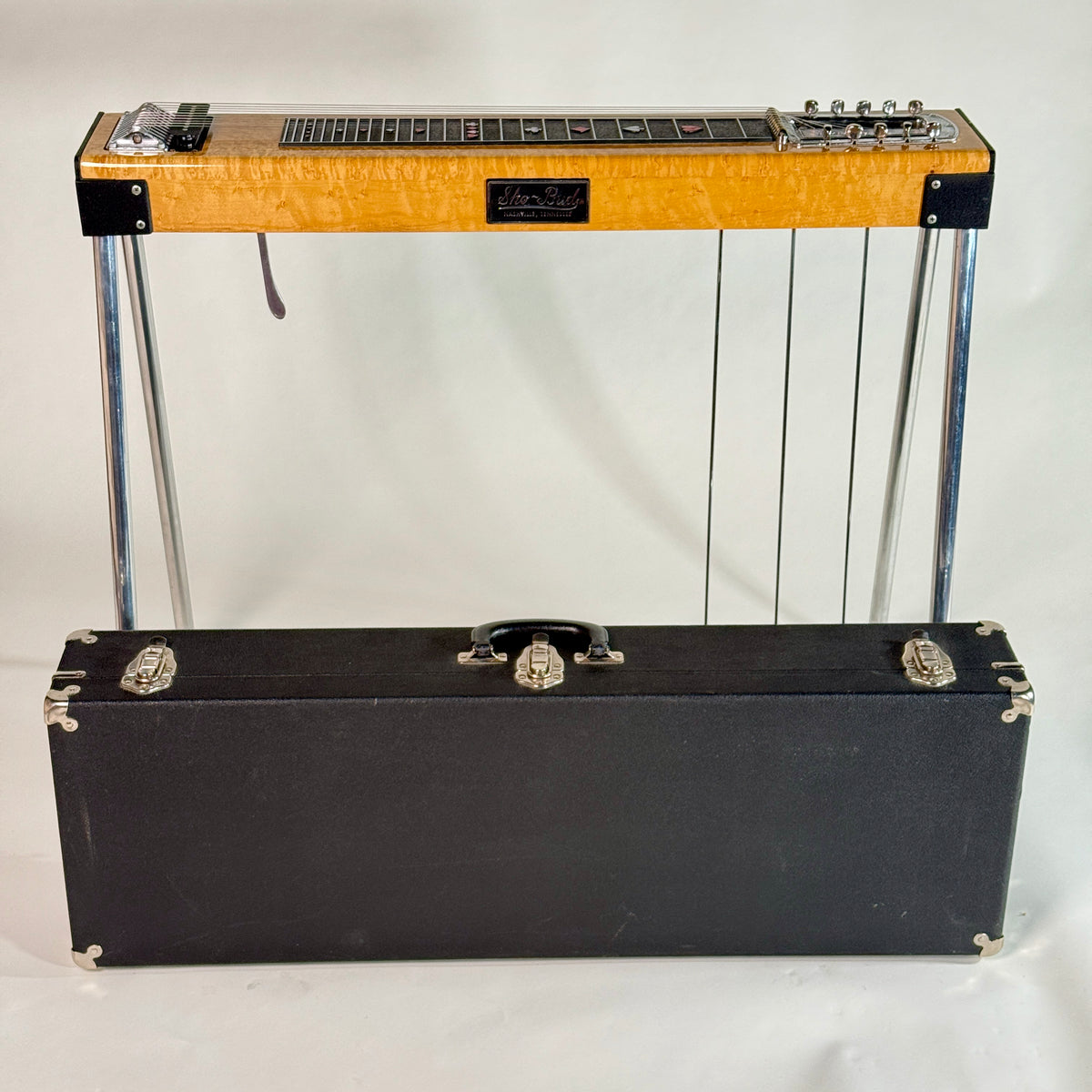 Used Sho-Bud Maverick pedal steel, set up behind its case