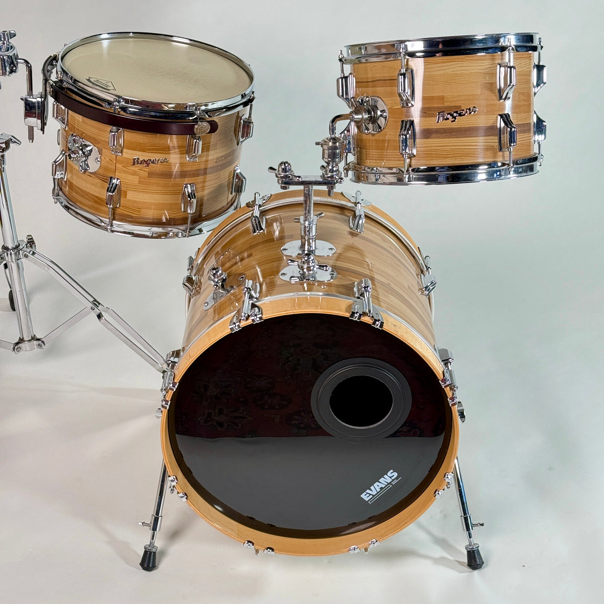 Used Rogers three-piece drum kit in natural, the full kit set up, closer