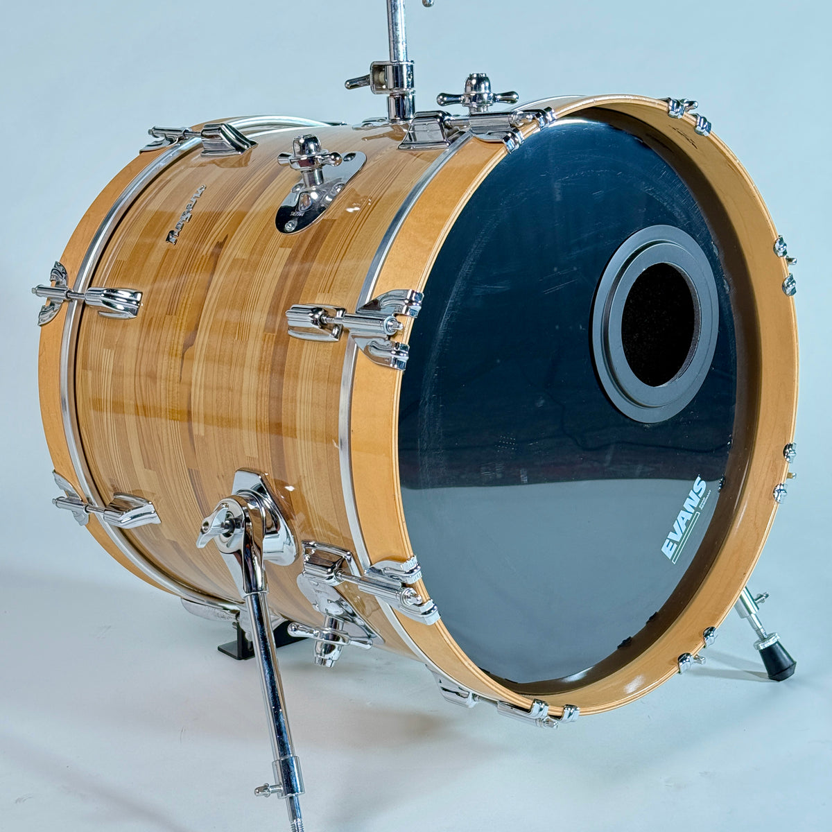Used Rogers three-piece drum kit in natural, the converted kick drum from the front