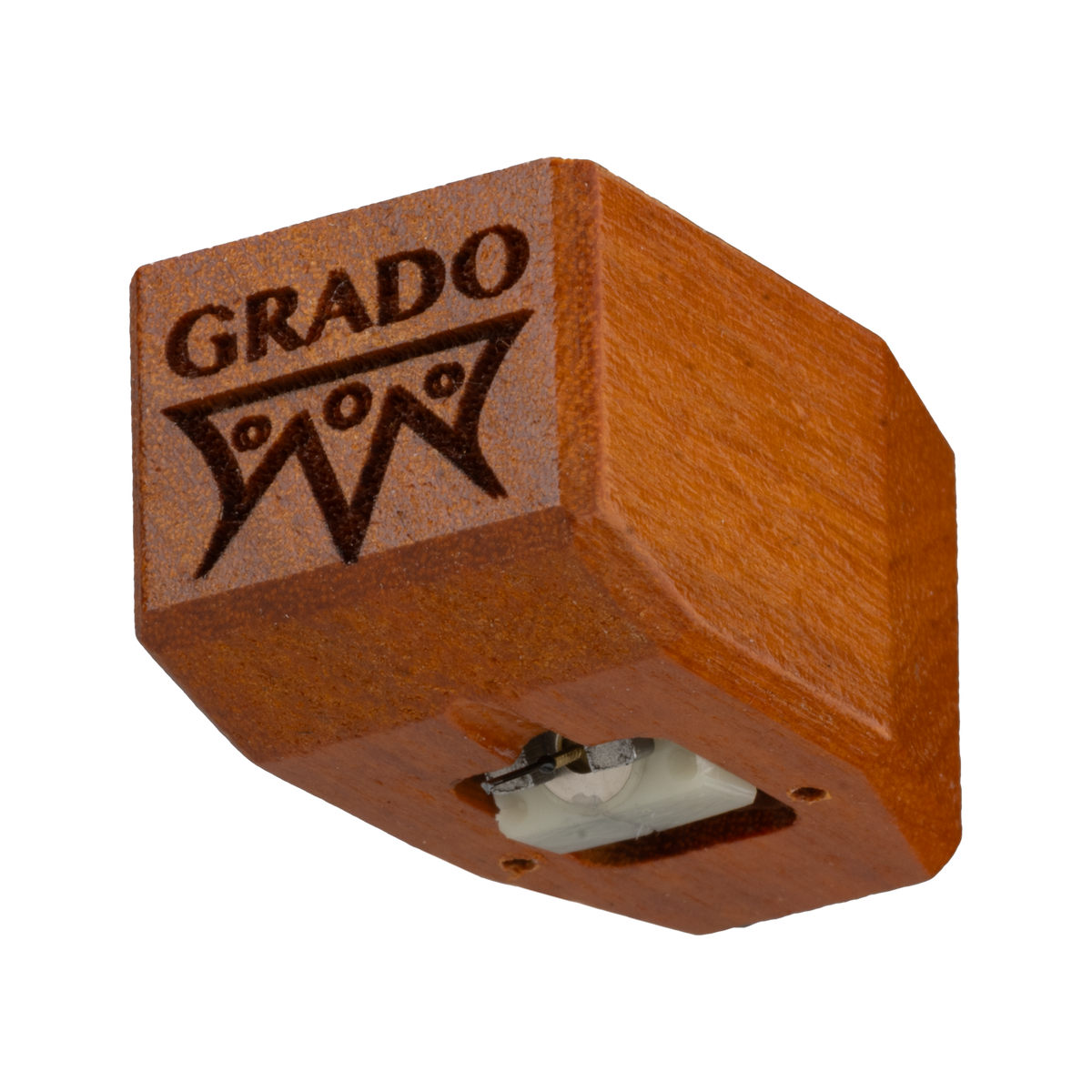 Grado Master4, orange-brown Osage wood body with the GRADO logo engraved and a white stylus insert, from below