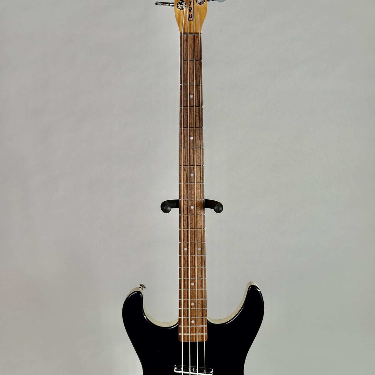 Used Danelectro Hodad bass in Blue Metalflake, front of the neck