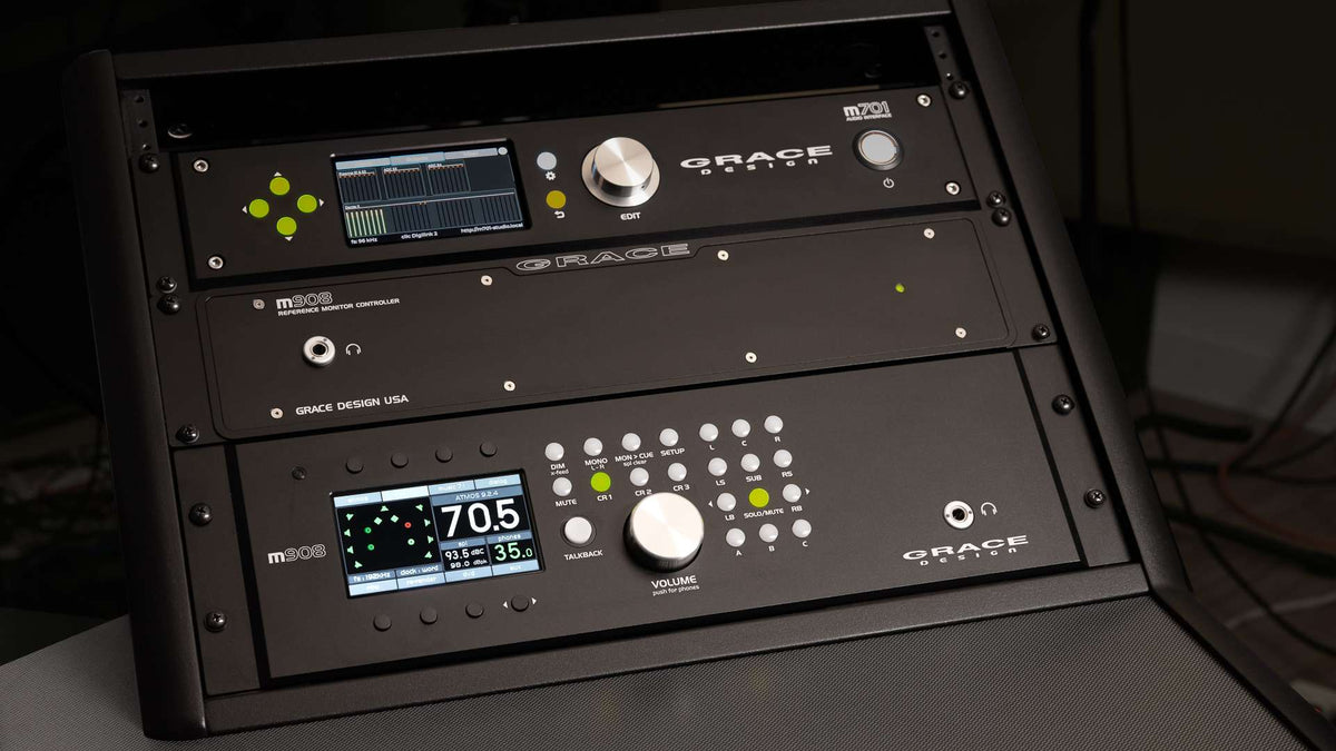 Grace Design m908 rackmount remote, racked below an m908 and an m701